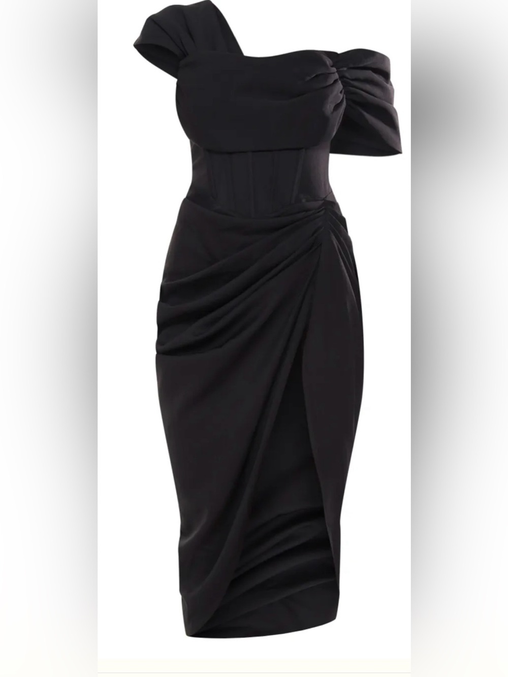 PrettyLittleThing Black Ruched Draped Midi Dress